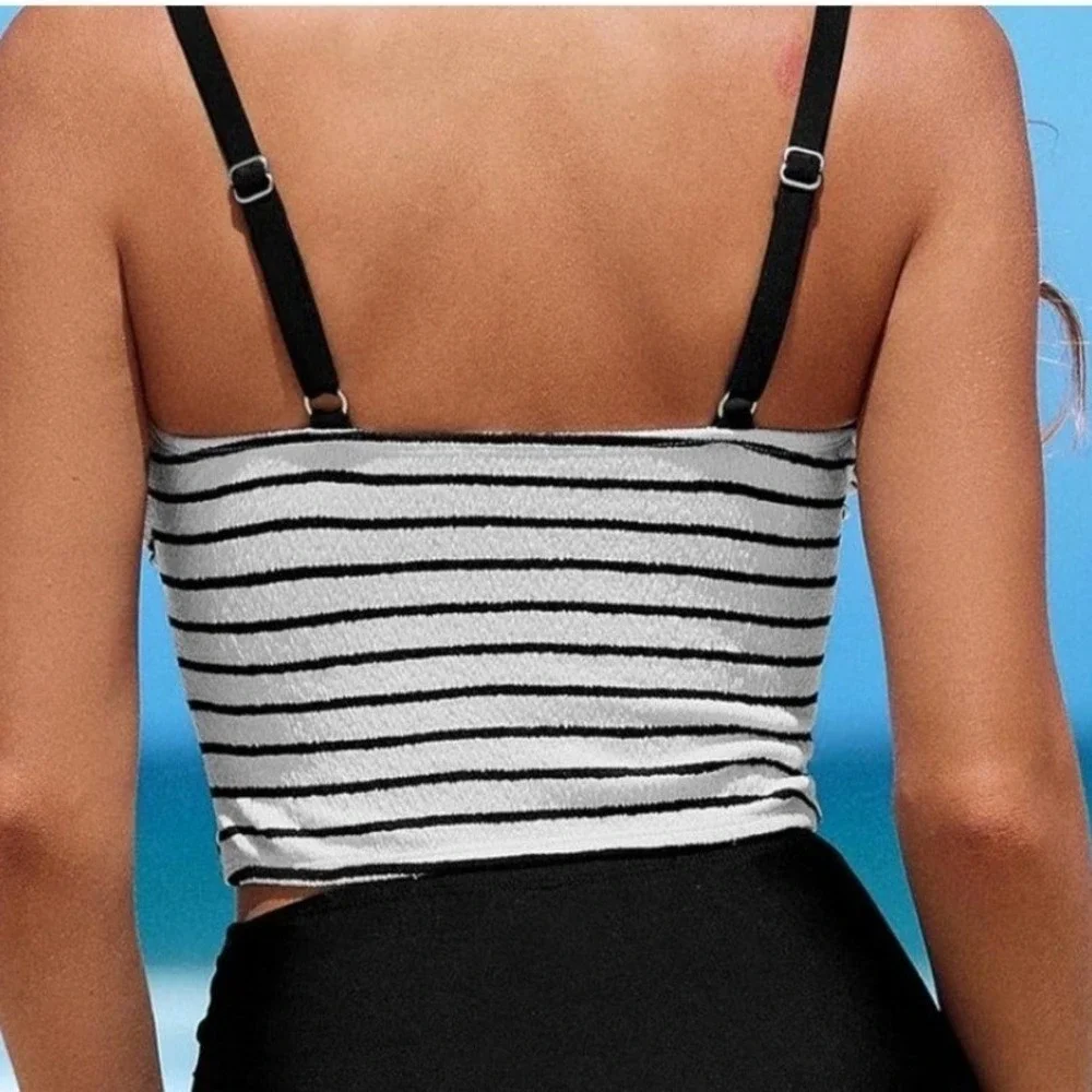 Cupshe Womens Black White Striped Textured Bikini Top Large CAA12D4L065CA - Picture 2 of 10